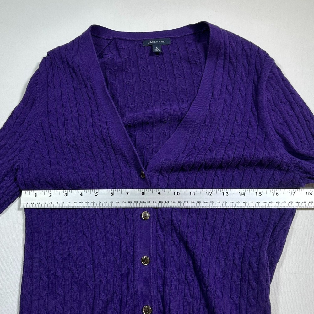 Lands End Cardigan Women L Purple Cable Knit V-Neck Button Front Sweater Classic - Picture 4 of 6